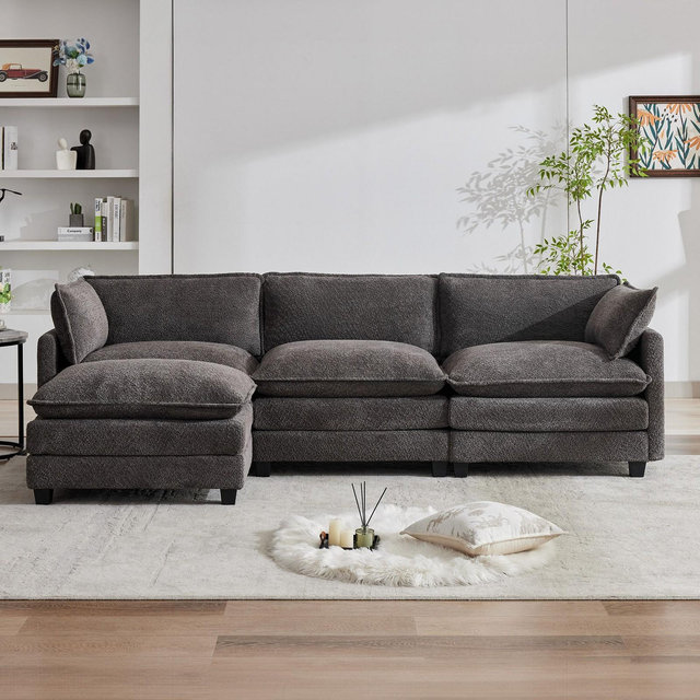 HYLEORY Sectional Sofa with Ottoman, L Shaped Free Combination Circle Velvet Sectional Couch Furniture Sets for Living Room,Dark Gray