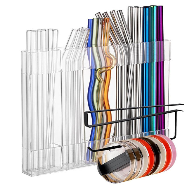 SPEDOL Kitchen Cabinet Straw Holder: Acrylic Organizer and Hanging Lid Rack with Adhesive for Door – Cup Tumbler Accessories Storage Set