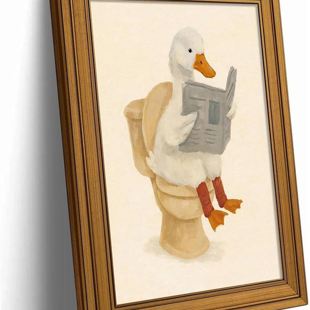 Vintage Gold Framed Duck Bathroom Wall Art Funny Animals on the Toilet Pictures Wall Decor Kids Bathroom Poster Beige Cute Animal Painting Canvas Print Artwork for Restroom Toilet Washroom Decor