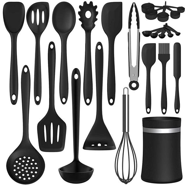 Silicone Cooking Utensil Kitchen Utensil Set, 24 Pcs Non-stick Cooking Utensils Spatula Set with Holder by AIKKIL, Heat Resistant Kitchen Gadgets Tools Set for Cookware(Black)