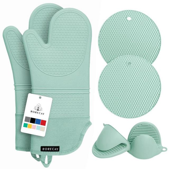 Rorecay Extra Long Oven Mitts and Pot Holders Sets: Heat Resistant Silicone Oven Mittens with Mini Oven Gloves Hot Pads Potholders for Kitchen Baking Cooking, Quilted Liner, Pack of 6 (Bermuda Teal)