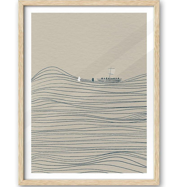 iHery Natural OAK Wood Jesus and Peter Walk on Water Framed Wall Art, Large 16x20 in Modern Sketch Bible Verses Canvas Art, Beige Logs Boho Scripture Bedroom Wall Decor Set of 1 For Living Room