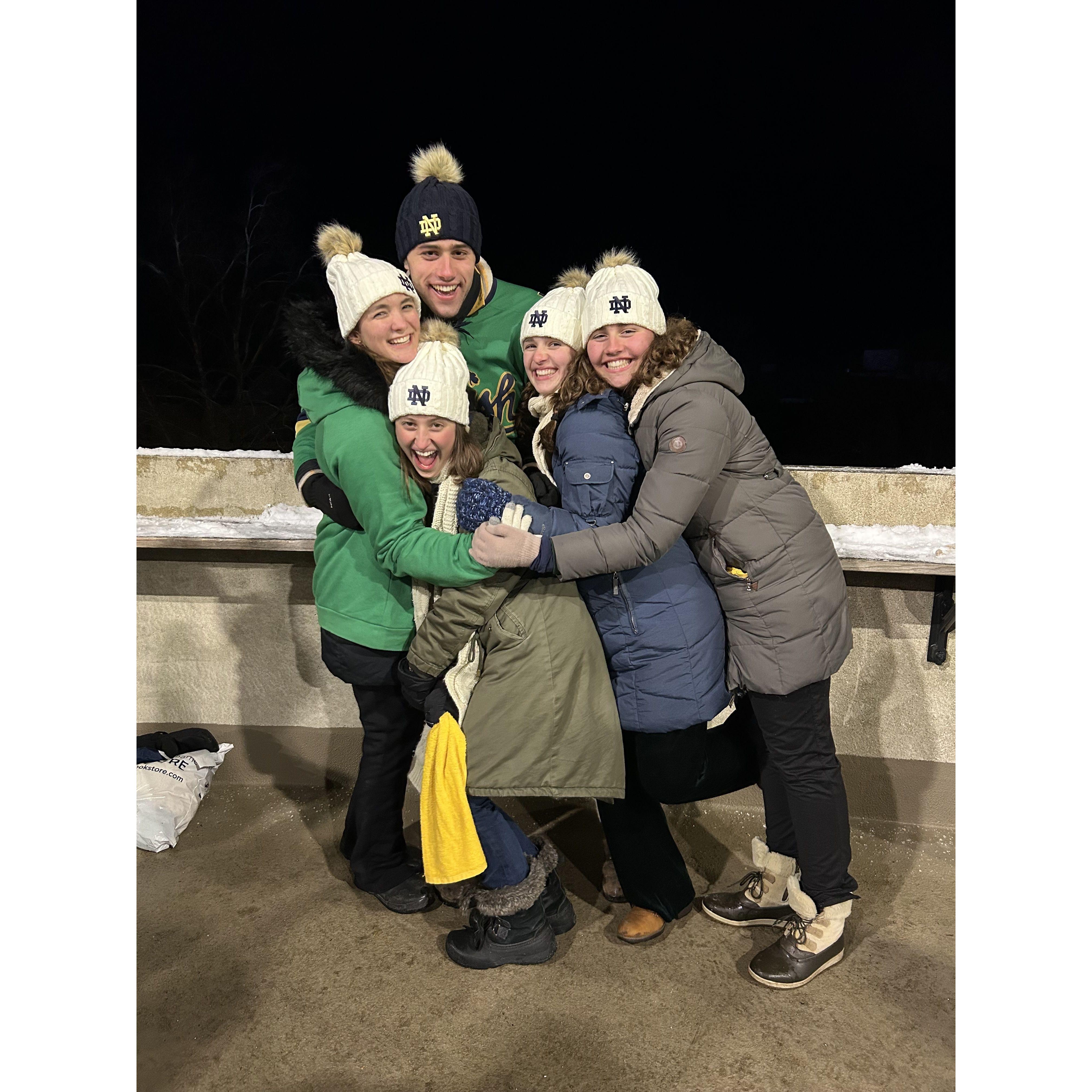 Having a blast at the Notre Dame football playoff game. Featuring bridesmaids and sisters of the groom Natalie Palczynski, Maria Pratt, and Elizabeth Pratt!