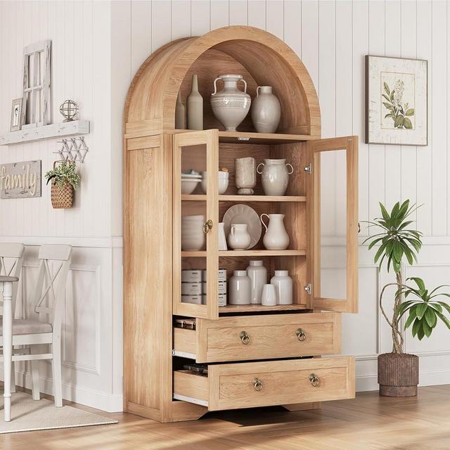 Jocoevol Kitchen Pantry Cabinet, Arched Bookshelf Bookcase China Pantry Storage Cabinet with Doors and Shelves,71“ Tall Food Pantry Funiture for Living Room,Dining Room(Natural)
