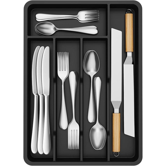 Lifewit Silverware Tray, Deep Wide Cutlery Drawer Organizer Storage for Kitchen, Plastic Flatware Utensil Holder Divider for Spoons Forks Knives Tableware, 5 Compartment, Black