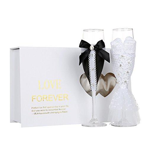 Handmade Wedding Champagne Flutes-Bride and Groom Design-Bridal Shower Gifts,Wedding Gifts,Couples Gifts,Anniversary Gifts(Set of 2) (Black Bow and White Dress Gorgeous)