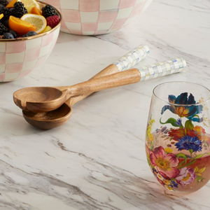 Mackenzie Childs Sterling Check Wood Salad Servers