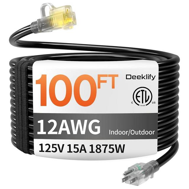 12/3 100 FT Heavy Duty Outdoor Extension Cord Waterproof with Lighted End,Black 12 Gauge Extension Cord Flexible and Cold Resistant 3 Prong Grounded Plug,15Amp 1875W SJTW ETL Listed