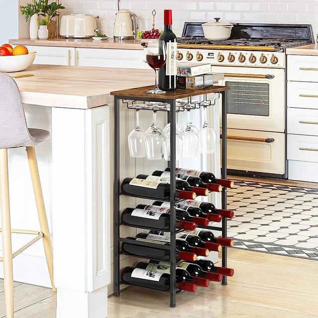Wine Rack Freestanding Floor, Rustic Wine Holder Stand with Wine Storage and Bottle Shelf, 16 Bottles Floor Wine Rack Shelf for Kitchen Dining Room, Office, Bar, Rustic Brown