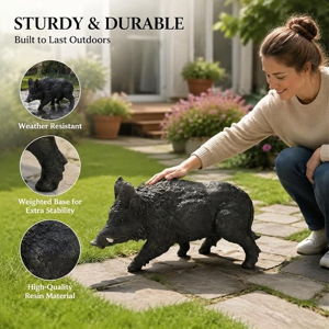 12.2" H x 21.3" L Realistic Wild Boar Garden Statue, Weather-Resistant Resin Outdoor Animal Sculpture, Lifelike Lawn Yard Patio Decor, Rustic Wildlife Ornament for Indoor & Outdoor (Black Wild Boar)