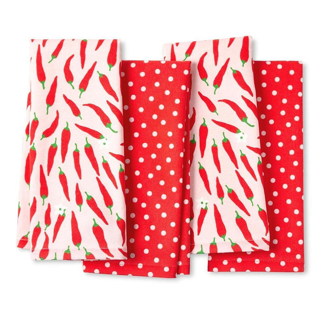 Kate Spade New York Hot Peppers & Spring Times Dot Kitchen Towels 4-Pack Set, Absorbent 100% Cotton, Red/Pink, 17"x28