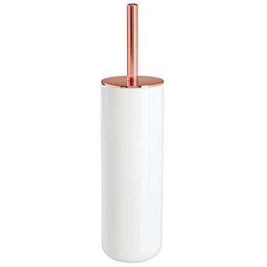 mDesign Compact Freestanding Plastic Toilet Bowl Brush and Holder for Bathroom Storage - Plastic and Stainless Steel - Sturdy, Deep Cleaning - White/Rose Gold