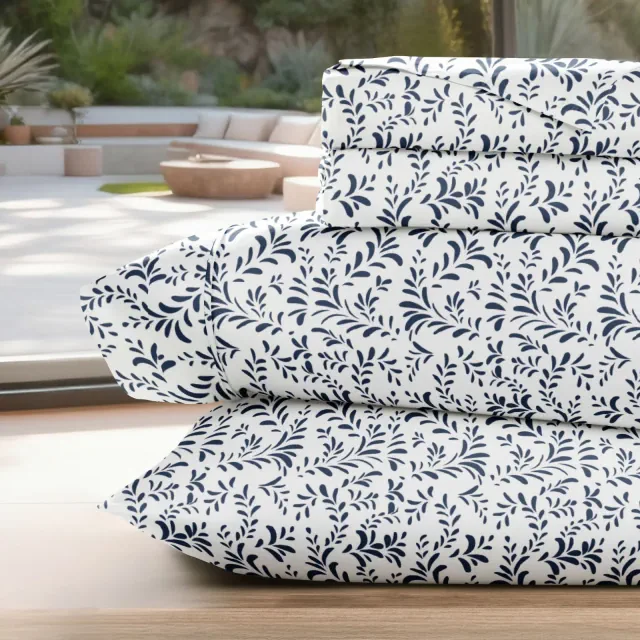 Floral & Paisley Patterns 4PC Sheet Set - Extra Soft - Becky Cameron, Burst of Vines Navy, Queen