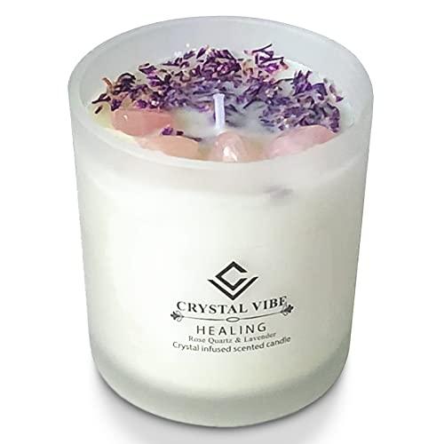 Healing Crystal Candle - Lavender Scented Healing Candles with Rose Quartz Crystals - Meditation Candle with Crystals Inside for Aromatherapy Manifestation