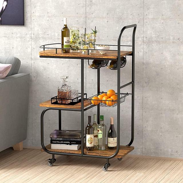 Davcreator Bar Cart for Home, Liquor Beverage Serving Cart for Living Room, Modern Kitchen Cocktail Cart with Wheels and Basket, 3 Tier Industrial Kitchen Rolling Bar Carts