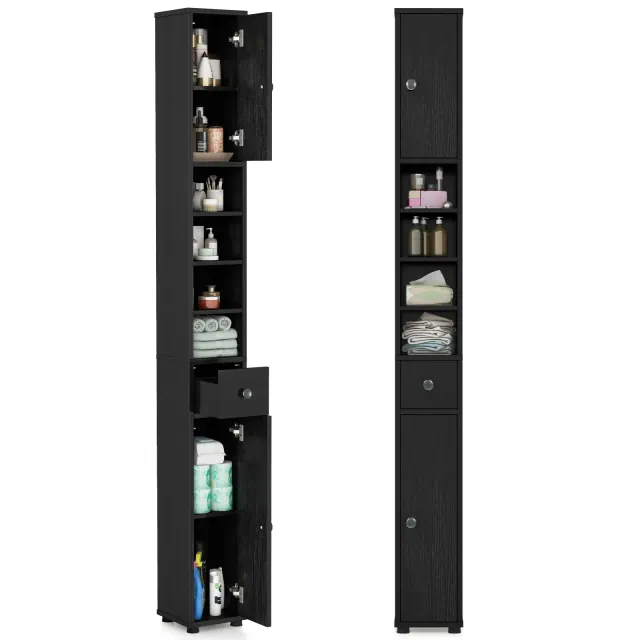 Costway Tall Slim Bathroom Storage Cabinet 71" Freestanding w/ 2 Doors 1 Drawer & 5 Adjustable Shelves Narrow Tower Cabinet for Small Spaces Black