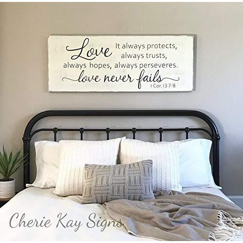 Ruskin352 Wood Sign Plaque Master bedroom wall decor Love never fails 1 Corinthians 13 wood sign rustic bedroom decor farmhouse bedroom 24 x 9.2