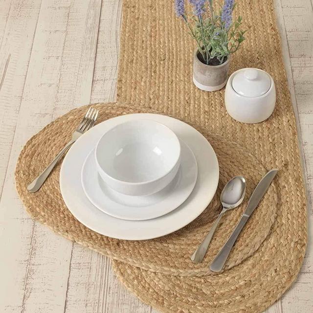 VHC Brands Jute Solid Color Textured Farmhouse Tabletop Kitchen Oval Placemat Set of 6, 12" x 18", Natural Tan 6 Count