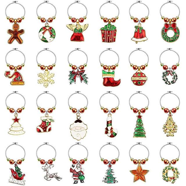 WILLBOND 24 Pieces Wine Glass Charms Christmas Goblet Drink Markers Drink Tags Wine Glass Tags for Party Favors and Family Gathering