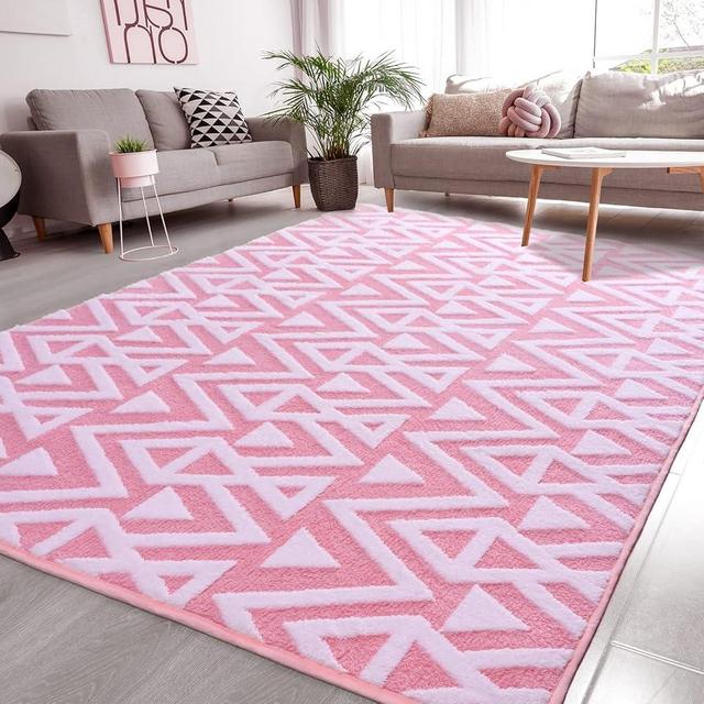 Ompaa Ultra Soft Shaggy Rugs Memory Foam Bedroom Carpet, Pink 6 x 9 Feet, Plush Geometric Textured Area Rugs for Living Room Couch Dorm Bedside Kids Girls Teens Room Nursery Decor Floor Mat