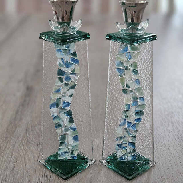 Custom gift wavy Shabbat candlesticks made with your wedding shards Jewish wedding gift candle holder By YafitGlass