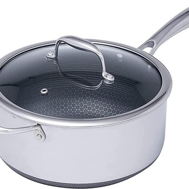 HexClad Cookware 5-Quart Hybrid Saucepan and Glass Lid, Stay-Cool Handle, PFOA-Free Non-stick Surface