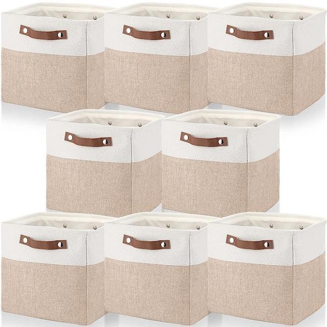 8 Pack Foldable Storage Cubes Baskets, Fabric Cube Storage Bins Collapsible Storage Basket with Leather Handles for Toy Clothes Kids Room Closet Nursery Storage(Beige)