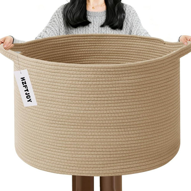 HZFTJOY 115L Large Blanket Basket,23.6" L x 23.6" W x 15.7" H Rope Woven Baskets with Handles, Toys Storage Bins,Laundry Basket Perfect for Living Room, Nursery,Bedroom,Home Organization,Camel