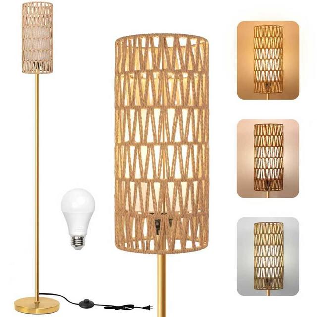 Ruiever Floor Lamp for Living Room,Farmhouse Rattan Floor lamp,Modern Standing lamp with 3 Color LED Bulb,Gold Tall Lamp with Foot Switch