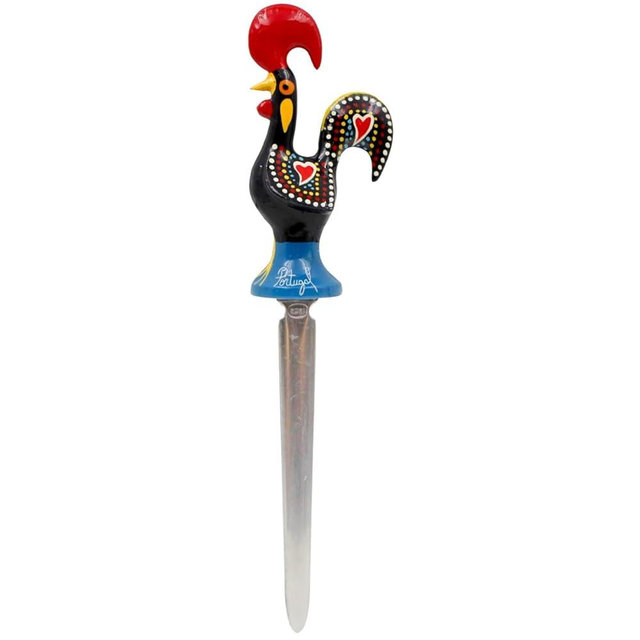 Traditional Hand-Painted Portuguese Good Luck Rooster Metal Letter Opener - Authentic Galo de Barcelos Souvenir, Unique Home & Office Desk Accessory (Black)
