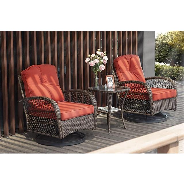SHA CERLIN 3 Pieces Patio Furniture Set, Outdoor Swivel Glider Rocker, Wicker Patio Bistro Set with Rocking Chair, Cushions and Table (Red)