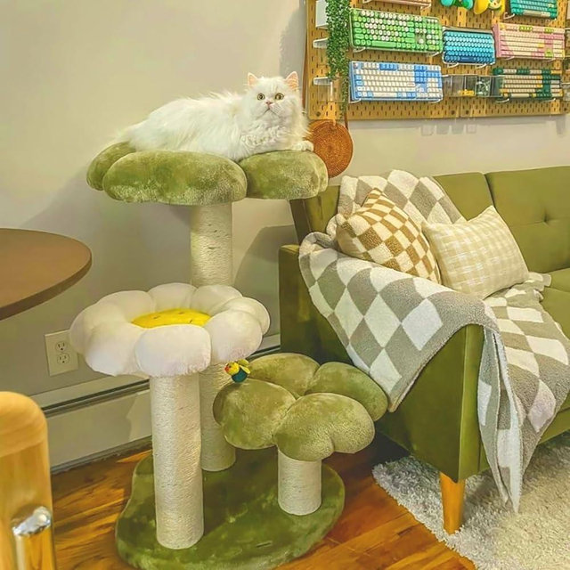 Happy & Polly Flowers Cat Tree Cute Cat Tower 35.4 Inches Multi-Level Stable Condo for Large Cats Easy to Assemble with Scratching Posts Cat Furniture Activity Center for Kitten