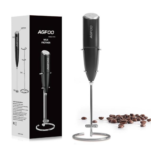 Hand Mixer Milk Frother For Coffee - AGFOO Coffee Frother Handheld Foam Maker With Stand, Electric whisk Drink Mixer Mini Foamer for Cappuccino, Frappe, Matcha, Hot Chocolate, Silver/Black