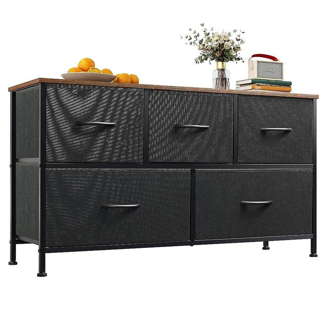 WLIVE Dresser for Bedroom with 5 Drawers, Wide Chest of Drawers, Fabric Dresser, Storage Organizer Unit with Fabric Bins for Closet, Living Room, Hallway, Nursery, Black and Rustic Brown