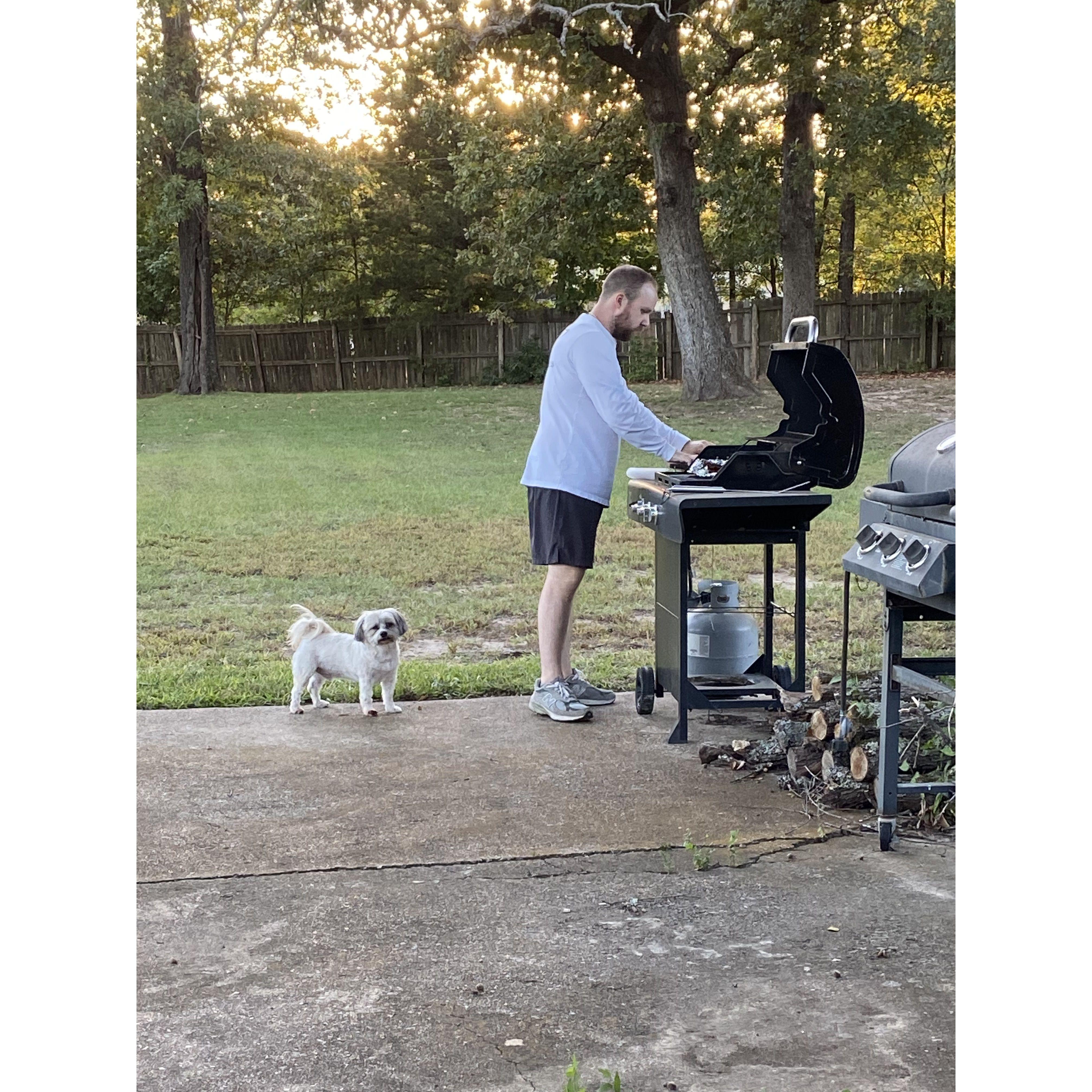 Cooking at Spencer's first house on Woodway. We love the lazy afternoons outside.