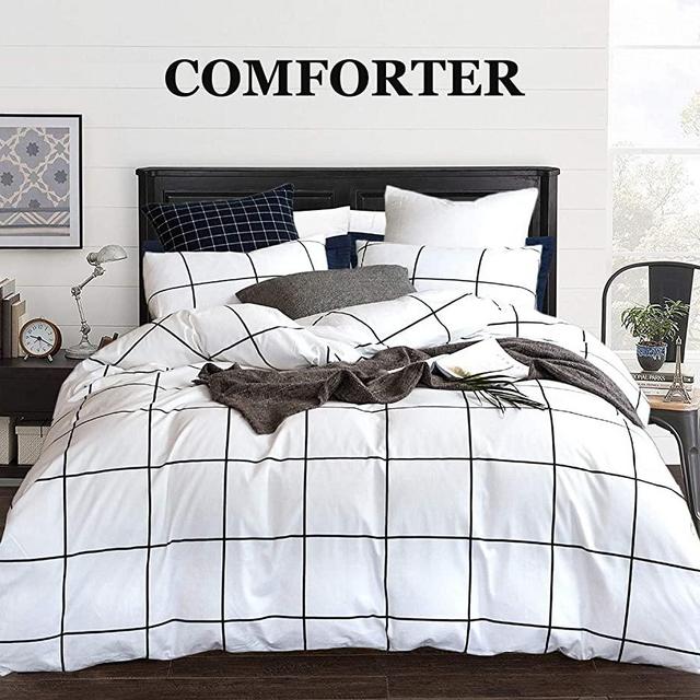 CLOTHKNOW White Plaid Comforter Set Queen White Black Grid Bedding Comforter Set Full Distressed Comforter Men Women Bedding White Bedding 3Pcs Comforter Bedding Sets Queen/Full