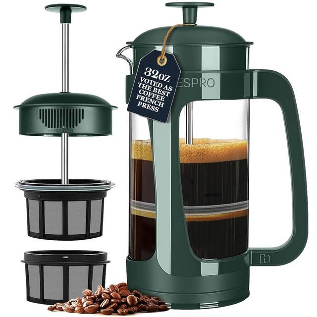ESPRO Light P3 French Press Coffee Maker – Patented Double Micro-Filter for Grit-Free Brew, Heat Resistant thicker Borosilicate Glass Coffee press – (Green - 32 oz)
