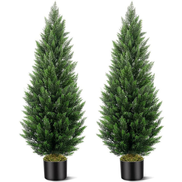 Artificial Topiary Cedar Trees 5FT Tall 2 Set, Outdoor Indoor Faux Pine Shrubs Plants, Realistic Fake Plants Front Porch Decor, Artificial Bushes Cypress for Home Front Door Offices