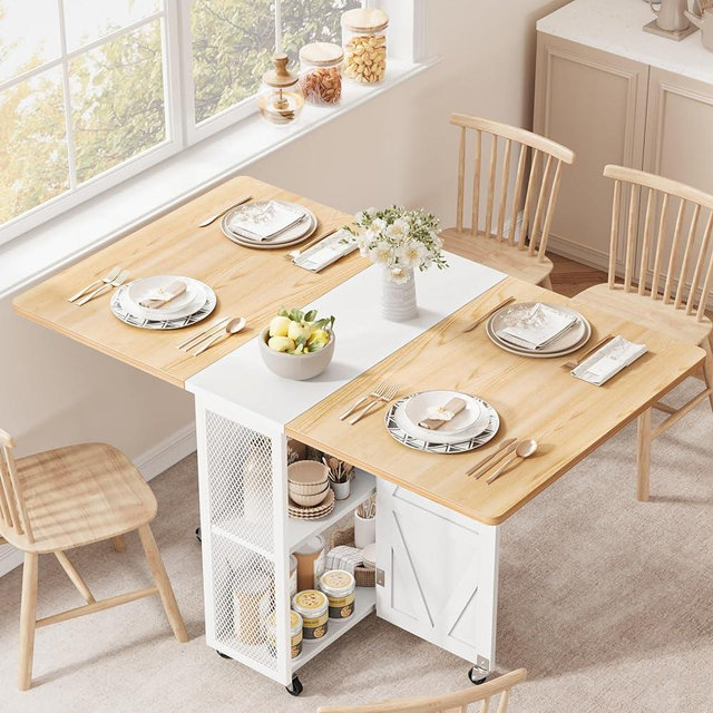 Space Saving Folding Dining Table, Farmhouse Dining Table with 2-Layer Storage Shelf, 6 Wheels Multipose Collapsible Expandable Kitchen Drop Leaf Table with for Small Apartment (Pear Wood White)