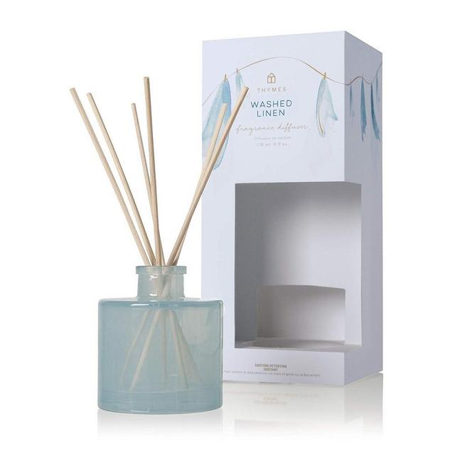 Thymes Petite Reed Diffuser Set – Includes Rattan Wood Sticks, Fragrance Oil, & Glass Bottle – Home Fragrance Oil Diffuser – Luxury Home Decor – Guest Bathroom Essentials (Washed Linen, 4 fl oz)
