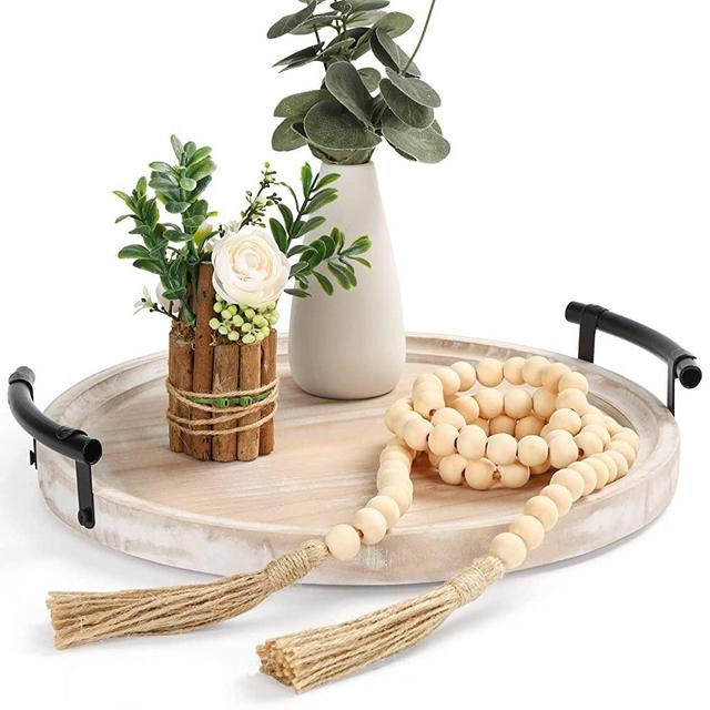 Round Wood Tray/w Wood Bead Garland - 13" Decorative Trays for Home Decor - Round Wooden Tray with Handles - Wooden Round Tray for Kitchen Counter.