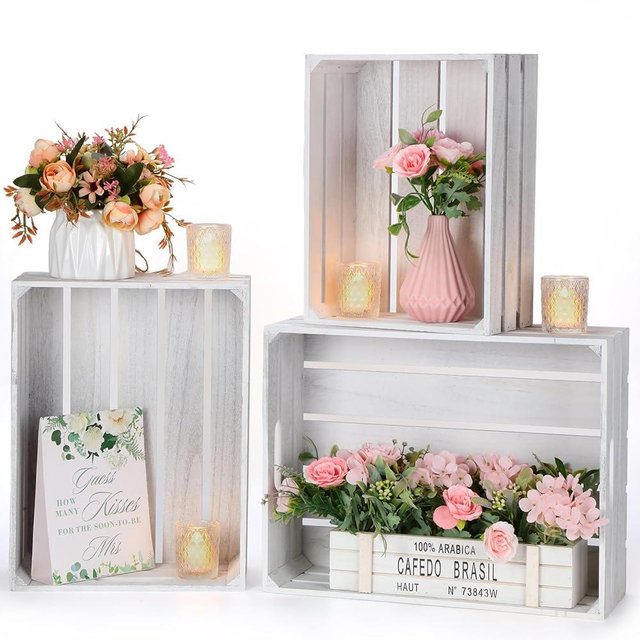 Soaoo 3 Pcs Decorative Nesting Wooden Crates for Storage Display, 3 Sizes Rustic Wood Decorative Storage Crates with Handle Farmhouse Crate Box Container(Rustic White)