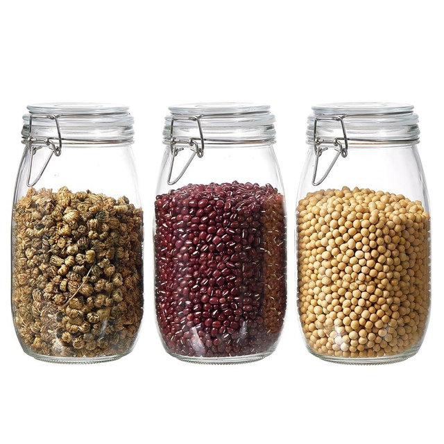 ODBCYWM 51oz Glass Food Storage Jars with Airtight Lids, Set of 3 – Clear Preserving Seal Wire Clip Fastening Canisters for Kitchen Canning, Flour, Cereal, Pasta, Sugar, Beans, Pickling Jars (51oz*3)