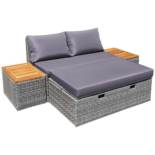 Devoko Patio Day Bed with 2 Side Tables Outdoor Daybed Set MultifunctionalRattan Lounge Bed for Backyard Porch Poolside Lawn Beach (Gray)