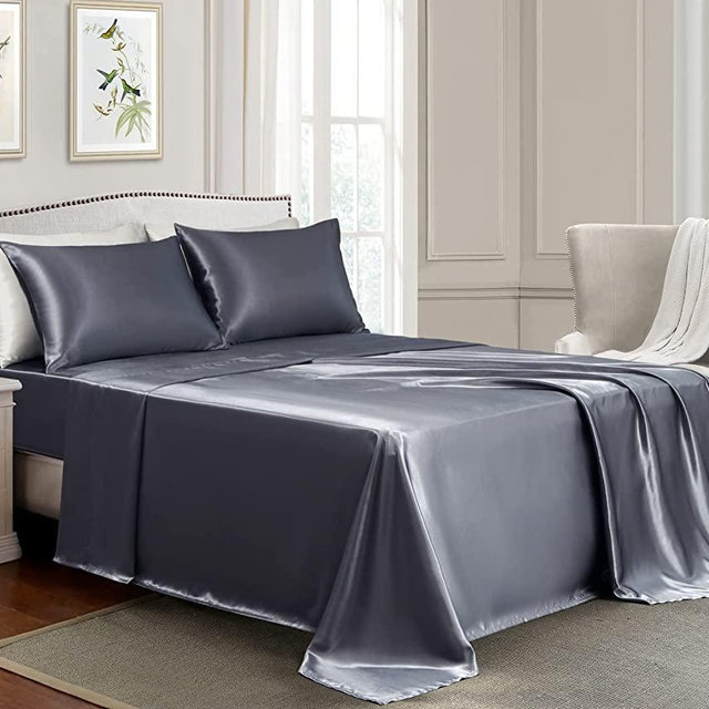 GOLAL Satin Sheets Queen Size - 4 Pieces Luxury Silky Soft Bed Sheets, Wrinkle-Free Dark Grey Satin Silk Sheet Set with 1 Deep Pocket Fitted Sheet, 1 Flat Sheet, 2 Pillow Cases