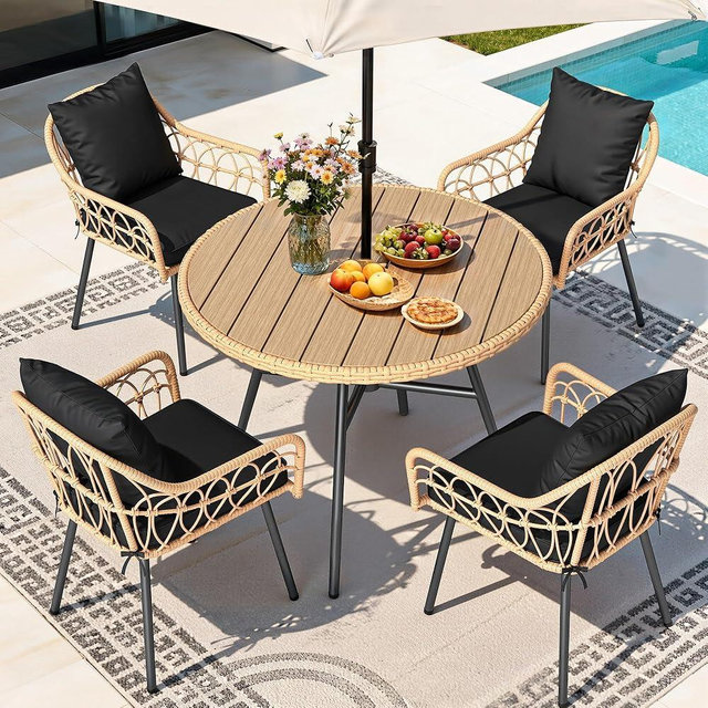YITAHOME Patio Dining Set with Umbrella Hole for 4, All-Weather Rattan Outdoor Dining Set 5pcs, Patio Dining Furniture Sets with 4 Ergonomic Armchairs, Outdoor Table and Chairs Set for Patio Backyard