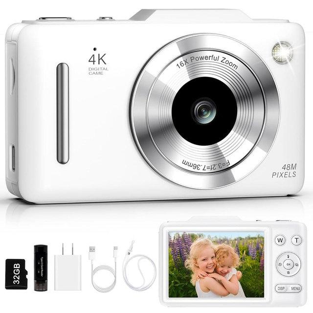 Digital Camera 4K Autofocus Vlogging Camera for Photography with 16X Zoom Anti Shake, 32GB Card, 48MP Compact Portable Point and Shoot Camera for Kids Boys Girls Teens Beginner（White）