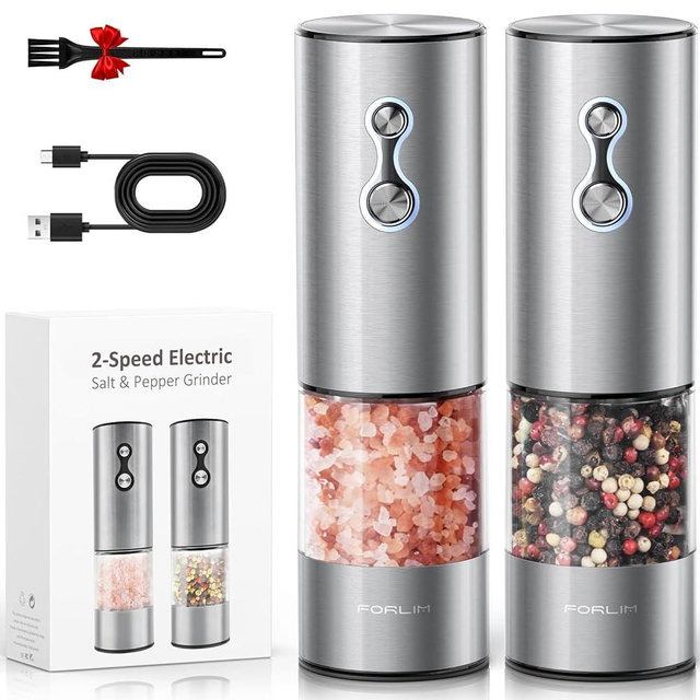 FORLIM Rechargeable Electric Salt and Pepper Grinder Set, Dual-Speed Control, Stainless Steel Automatic Salt & Pepper Mill with Dust Cover, 2 LED Lights, Adjustable Coarseness (2-Pack, Glossy Silver)