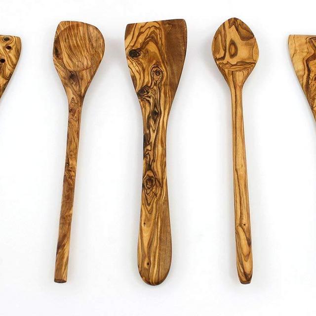 Thirteen Chefs - Tramanto Olive Wood Spatulas, Turner and Spoons Cooking Utensil Set, 12 inches - Corner Spoon, Round Spoon, Curved Spatula, Flat Spatula and Slotted Spatula