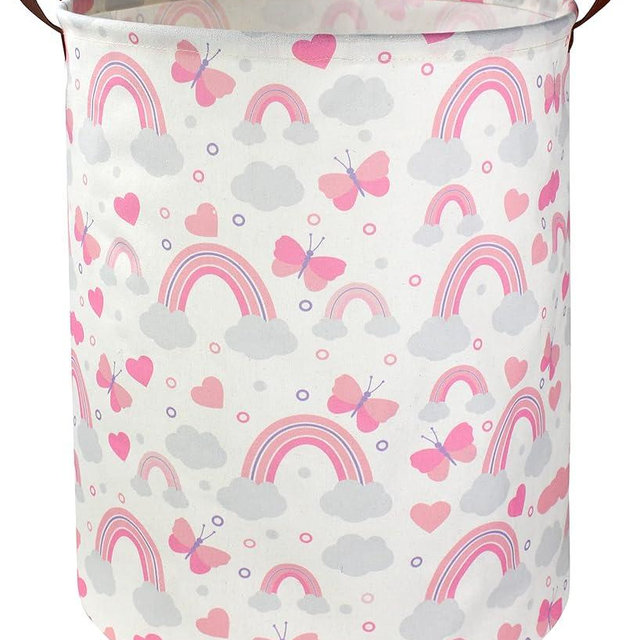 DDBASKET Pink Laundry Basket Girls Hamper Clothes Collapsible Toy Storage Bin Organizer with Handles for Kids, Baby,Nursery Hamper (Pink Rainbows)
